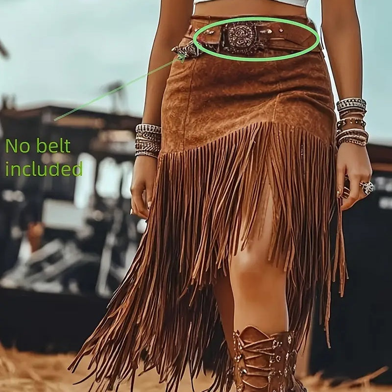 Women's Western Boho Fringe Skirt Solid Color Asymmetrical Hem Pull-On Denim Style Midi Skirt