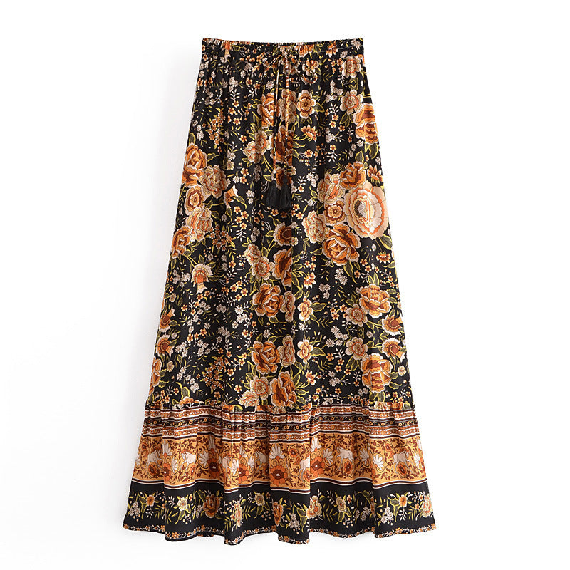 Women's Printed Positioning Flower Tassel Elastic Waist Skirt