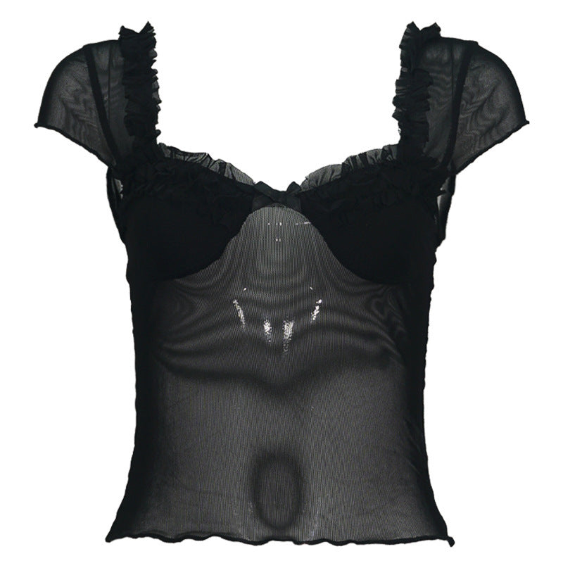 Trendy short-sleeved, square-neck, black silk mesh, slimming, crop exposing, versatile T-shirt for women