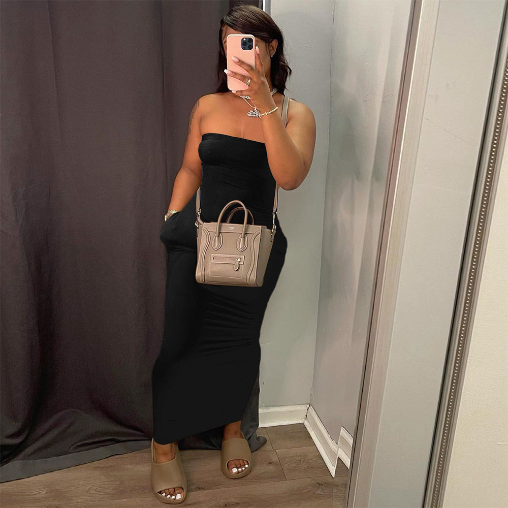 S390151 Women's solid-color strapless dress, a fashionable and elegant long dress for women