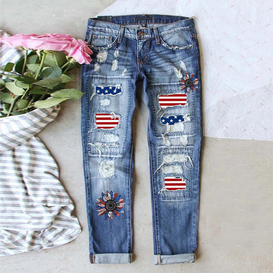 Independence Day Flag Denim Ripped Trousers