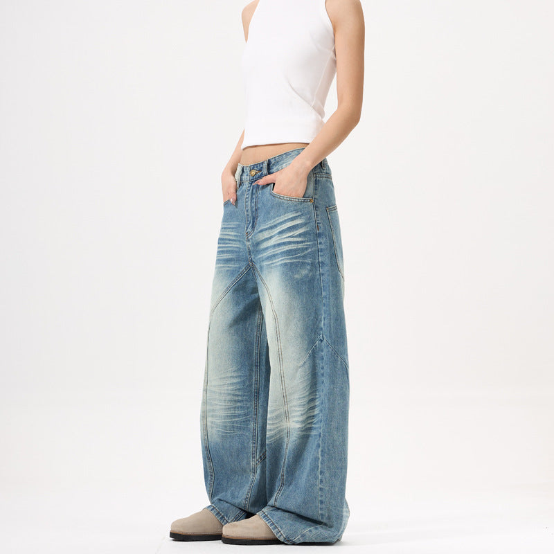 Wide-leg Blue Jeans Deconstruct Stitching Men And Women