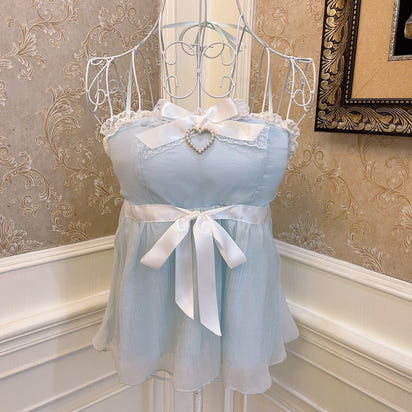 Women's Fashion Bow Heart Diamond Tie Lace Ruffle Tank Top