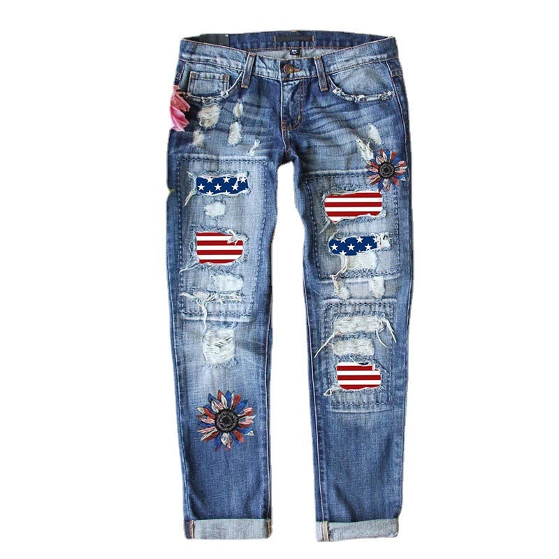 Independence Day Flag Denim Ripped Trousers
