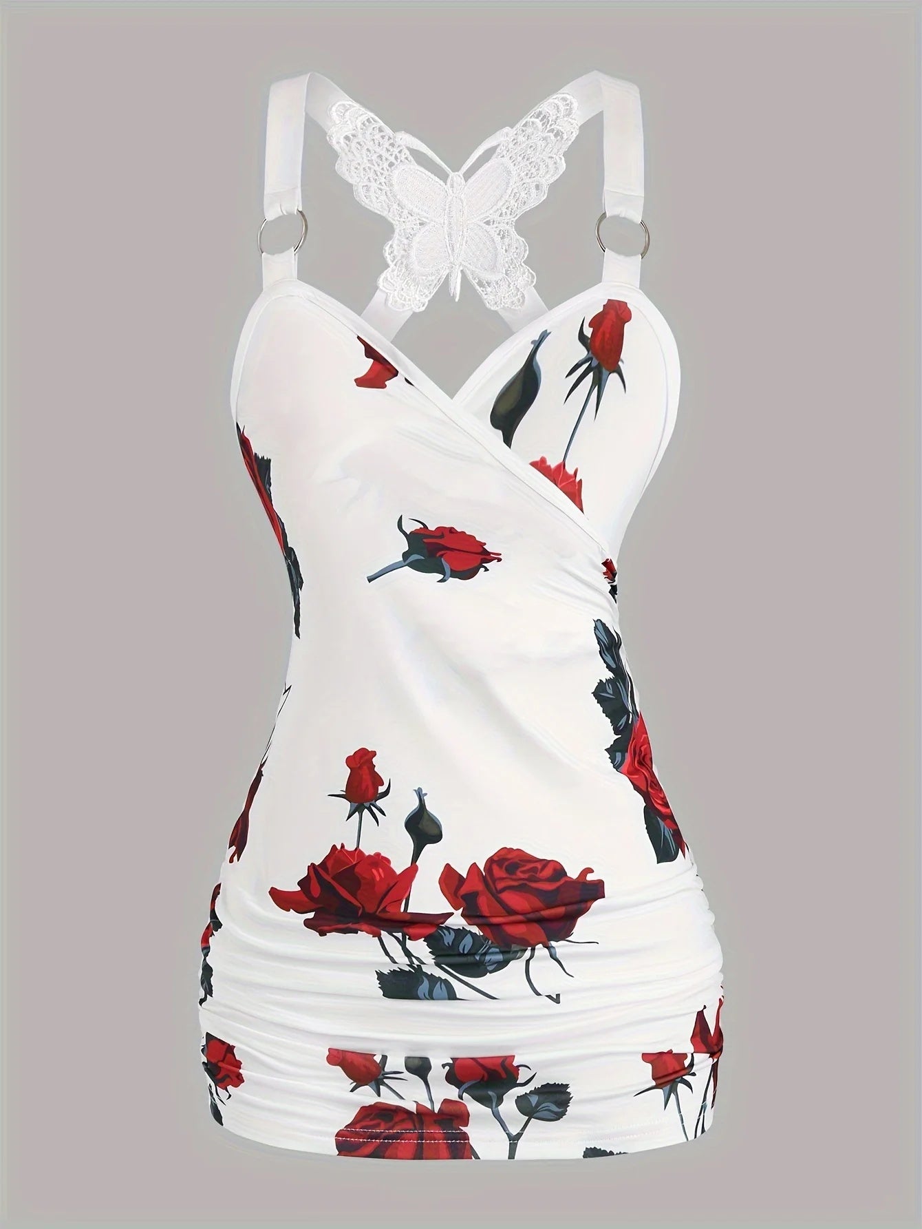 Spring And Summer New Women's Rose Print Pleated Suspender Cross Tank Top
