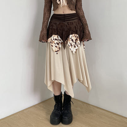 Leopard Print Mesh Stitching Irregular Skirt Hot Girl Pleated High Waist