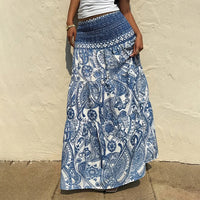 Women's Boho Floral Print Maxi Skirt - Elastic Waist A-Line Long Skirt For Spring&Summer Casual Beach Skirt