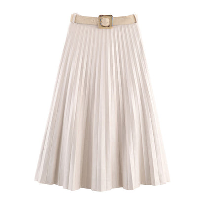 Fashionable Elegant With Belt Pleated Skirt