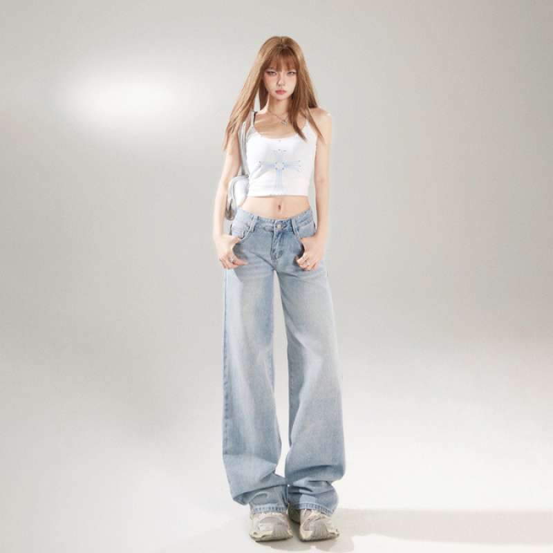 American retro low-waisted hot girl loose wide-leg pants, versatile spring and summer straight-leg jeans, women's trousers plus