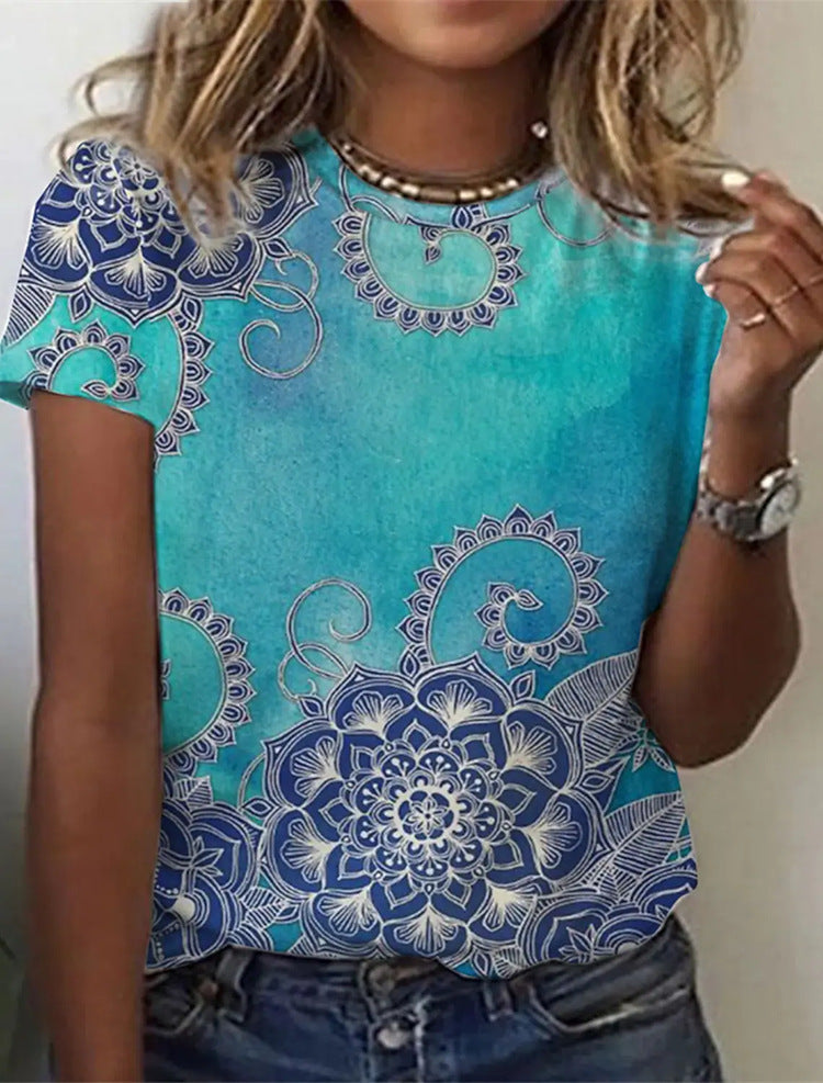 Geometric Retro Printed Round Neck Short Sleeve T-shirt Women's Top