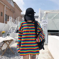 Cute girl rainbow stripes loose wild long-sleeved T-shirt