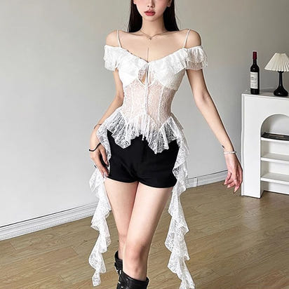 Spicy girl style pure sensual lace patchwork see-through halter top, black fungus lace short top