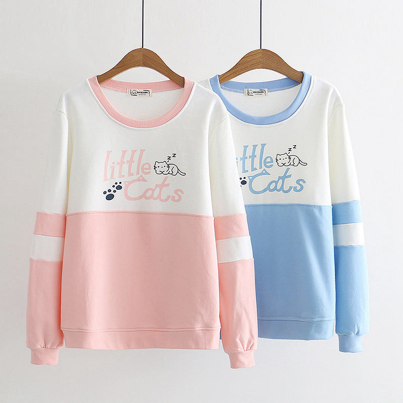 Colorblock cat print long-sleeved sweatshirt