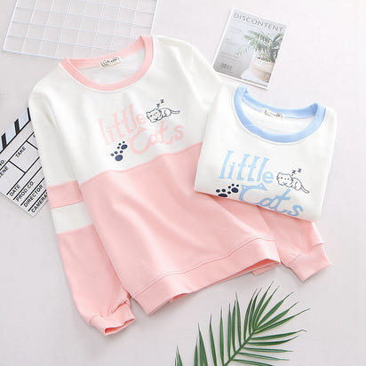 Colorblock cat print long-sleeved sweatshirt