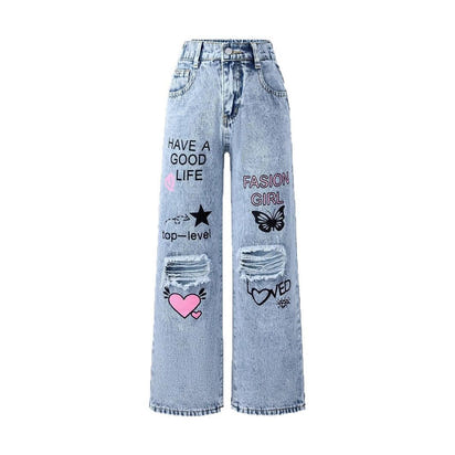 Snowflake Water Washed Hole Printed Wide-leg Jeans