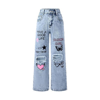 Snowflake Water Washed Hole Printed Wide-leg Jeans
