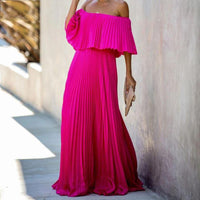 Spring new women's dress  off-the-shoulder one-line shoulder pleated chiffon party dress