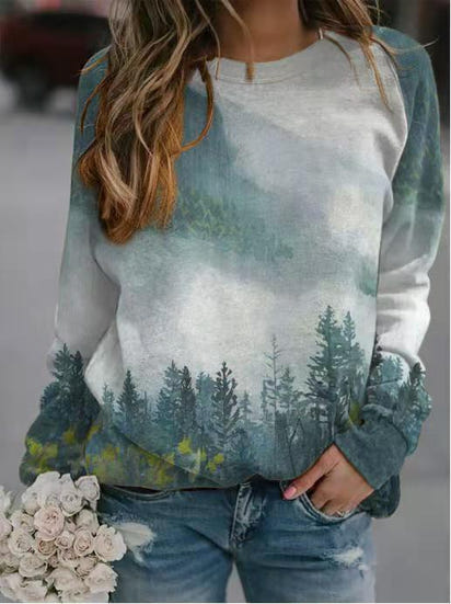 New Popular Women's Landscape Printing Long-Sleeved Sweater