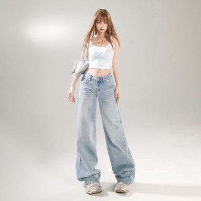 American retro low-waisted hot girl loose wide-leg pants, versatile spring and summer straight-leg jeans, women's trousers plus