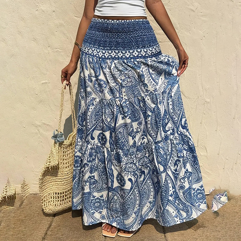 Women's Boho Floral Print Maxi Skirt - Elastic Waist A-Line Long Skirt For Spring&Summer Casual Beach Skirt