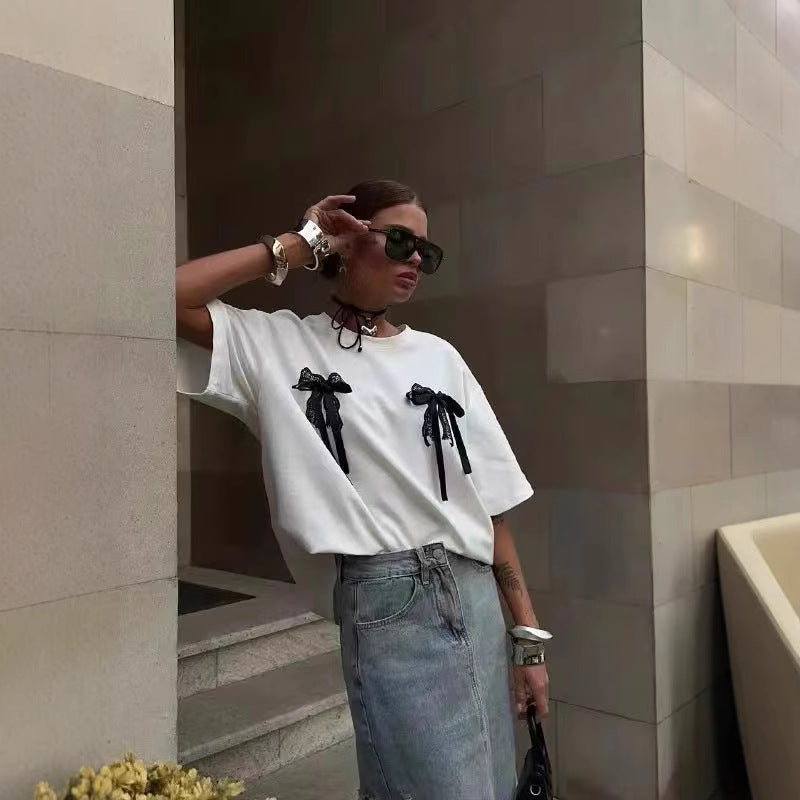Millennium Bowknot Short-sleeved T-shirt Women's Lace Stitching