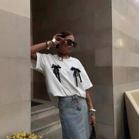 Millennium Bowknot Short-sleeved T-shirt Women's Lace Stitching