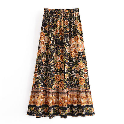 Women's Printed Positioning Flower Tassel Elastic Waist Skirt