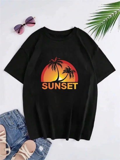 Hong Kong Style Sunset Pattern Printed Short-sleeved T-shirt