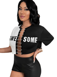 Europe and the United States new women's cross-border fashion letter cardigan T-shirt Amazon selling round neck color chain shirt