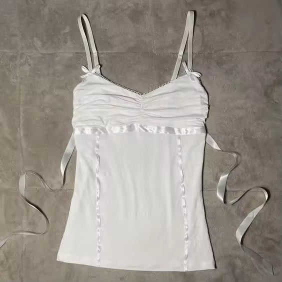 Bow Lace Trim Printed Sleeveless Tank Top