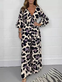 Women's fashion leopard print V-neck casual tight-waisted loose jumpsuit