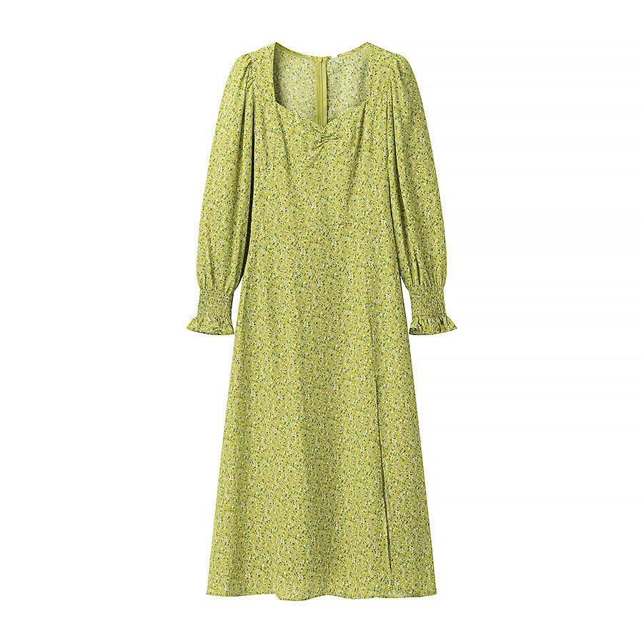 Bubble Sleeve Printed Long Sleeve Dress