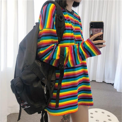 Cute girl rainbow stripes loose wild long-sleeved T-shirt