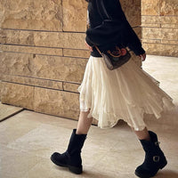 French Irregular Lace Patch High-waisted Slimming Tulle Skirt