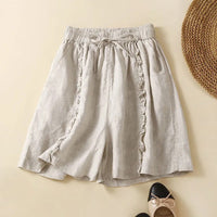 Cotton, linen and black ear trim design wide-leg shorts, women's artistic, retro, loose and casual five-inch mid-length pants