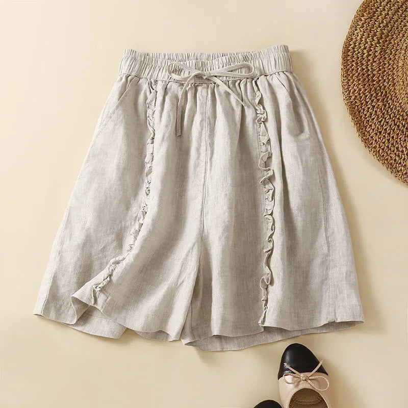 Cotton, linen and black ear trim design wide-leg shorts, women's artistic, retro, loose and casual five-inch mid-length pants