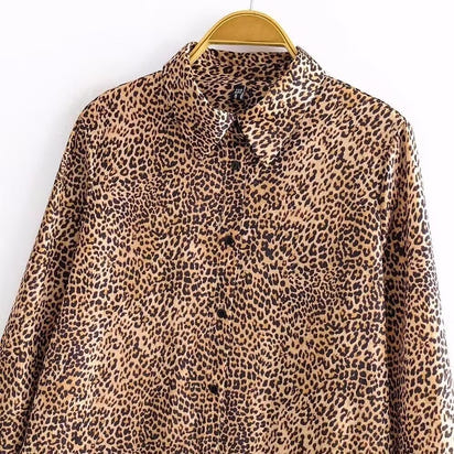 Women's Animal Print Satin Texture Long Sleeve Shirt