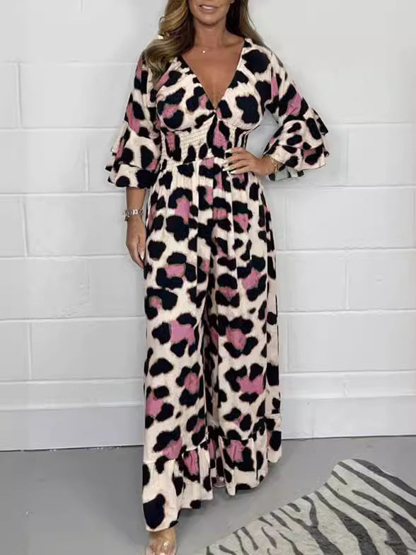 Women's fashion leopard print V-neck casual tight-waisted loose jumpsuit