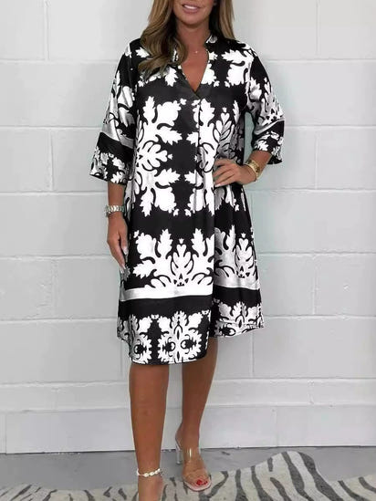 Autumn V-neck printed three-quarter sleeve floral women's one-piece dress