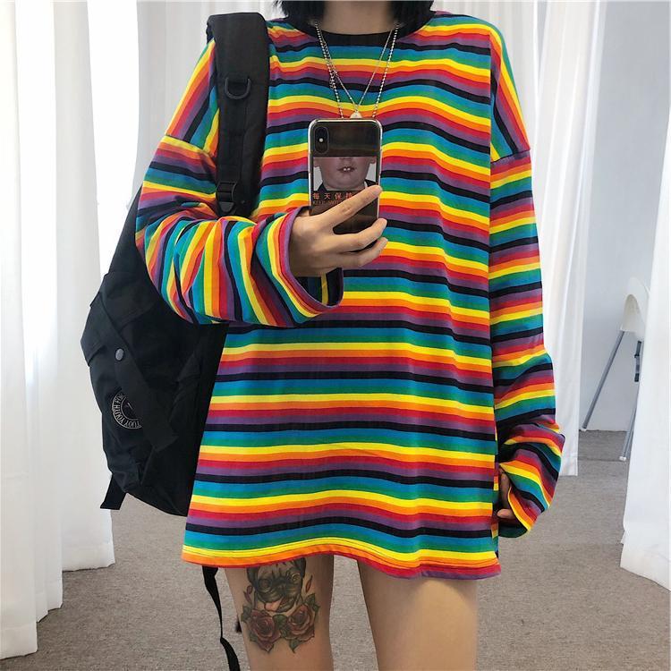 Cute girl rainbow stripes loose wild long-sleeved T-shirt