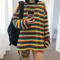 Cute girl rainbow stripes loose wild long-sleeved T-shirt