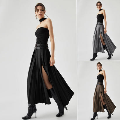 Women's High Waist Slimming Slit Pleated Skirt