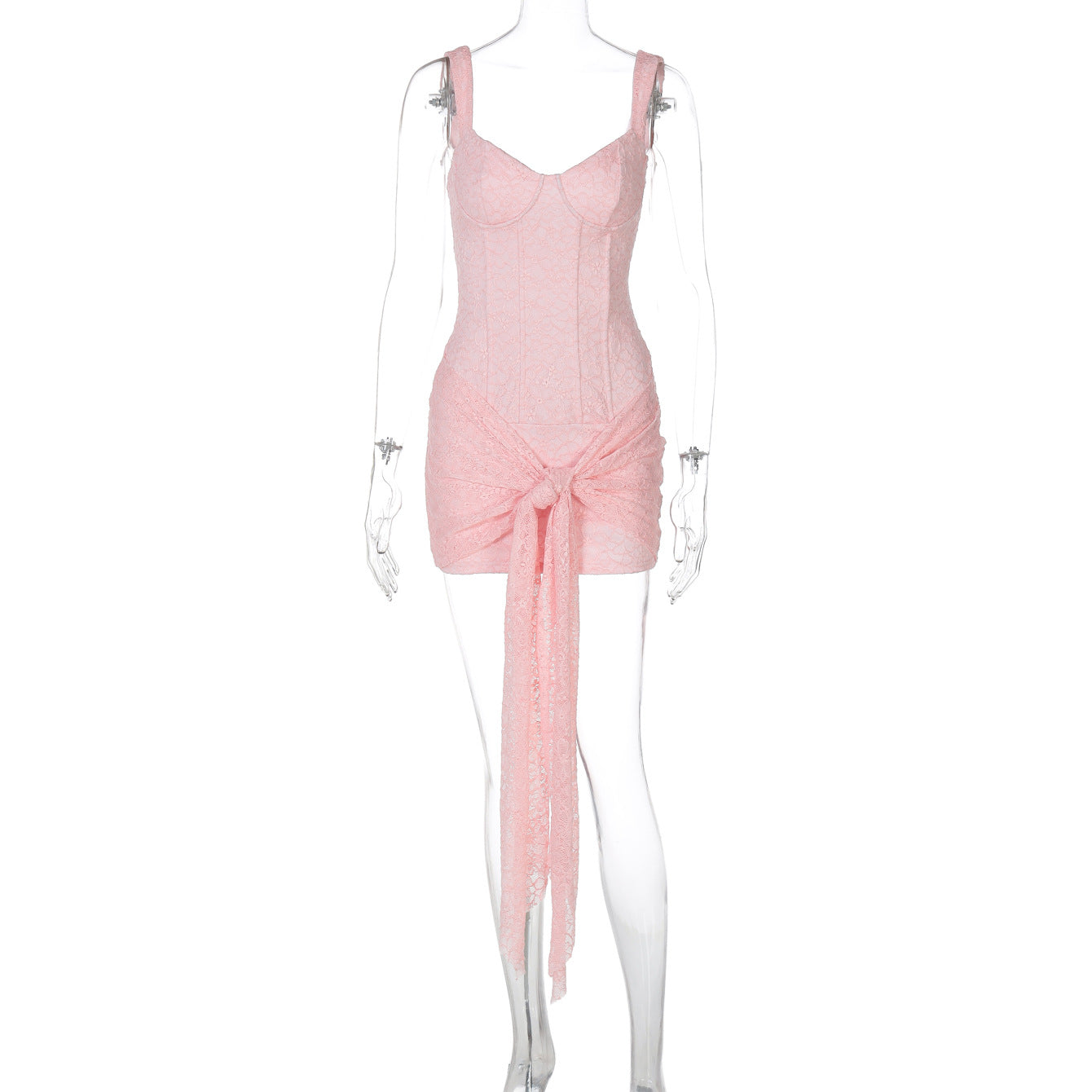 Lace V-neck, cinched waist, patchwork straps, hip-hugging and halter dress