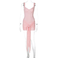 Lace V-neck, cinched waist, patchwork straps, hip-hugging and halter dress