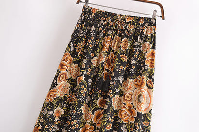 Women's Printed Positioning Flower Tassel Elastic Waist Skirt
