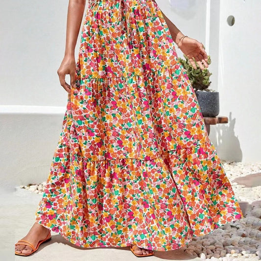 Flower Print Elastic Waist Skirt