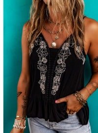 Black Floral Embroidery Ruffled Spaghetti Straps Tank Top