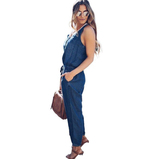 Women's fashionable, form-fitting, casual, cinched-waist vest and denim jumpsuit