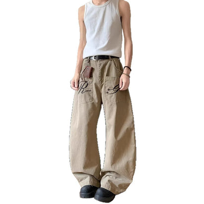 Reverse pocket design embroidered letter jeans with a curved silhouette, loose floor-length pants for women