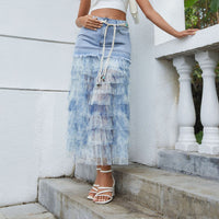 Mesh Floral Stitching Denim Skirt